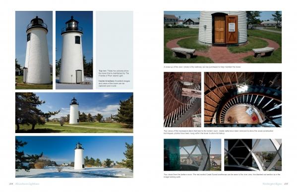A book spread from "Massachusetts Lighthouses and Lightships" by Schiffer Publishing, Ltd. showcases striking photos of white Massachusetts lighthouses, interiors with spiral stairs, scenic views, and text on New England maritime history.