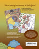 Back cover of Schiffer Publishing, Ltd.’s "Stories of West Africa" coloring book, featuring an illustrated man playing a flute and woman with child amid vibrant West African fabrics. Explore West African culture through stunning coloring pages.