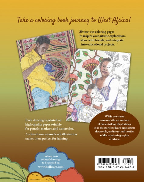 Back cover of Schiffer Publishing, Ltd.’s "Stories of West Africa" coloring book, featuring an illustrated man playing a flute and woman with child amid vibrant West African fabrics. Explore West African culture through stunning coloring pages.