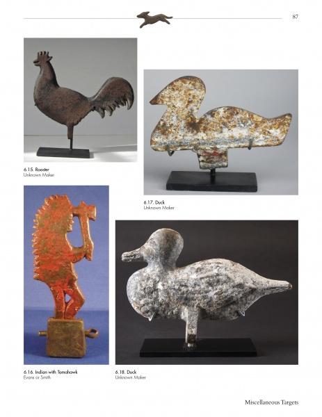 A page from Step Right Up! by Schiffer Publishing, Ltd. features four metal shooting gallery targets—rooster, two ducks, and Indian with tomahawk—each on stands, photographed against neutral backgrounds in classic arcade shapes.