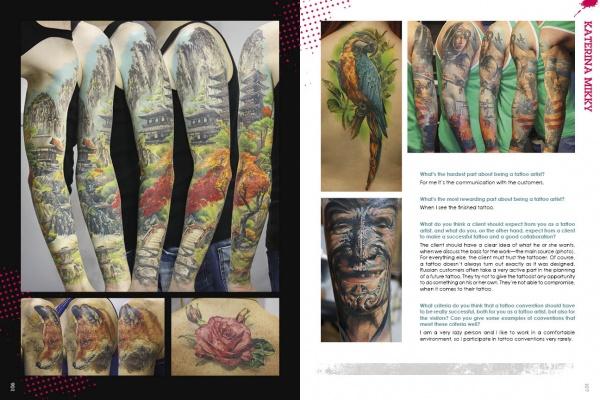 A spread from The Women of Ink by Schiffer Publishing, Ltd. features intricate full-sleeve tattoos—landscapes, animals, a rose—and highlights vibrant arm art plus an interview with female tattoo artist Katerina Miky on tattoo culture.