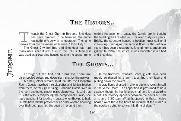 An open book page from "Ghosts of Central Arizona" by Schiffer Publishing, Ltd. describes hauntings at the Ghost City Inn Bed and Breakfast and Jerome Grand Hotel in Jerome, Arizona, with mountains in the background.