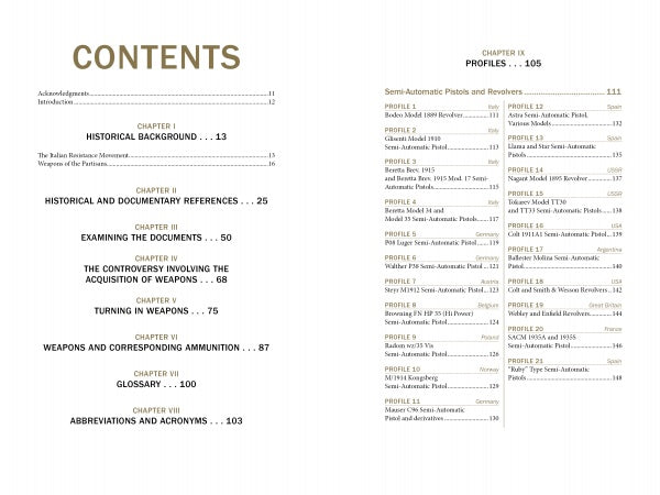 The table of contents for "Italian Partisan Weapons in WWII" by Schiffer Publishing, Ltd. lists chapters such as Historical Background, Examining Documents, Weapons & Ammunition, Italian partisan weapons, Profiles, and WWII small arms with page numbers.
