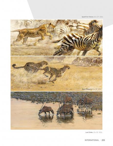 Three horizontal animal paintings featured in "The Contemporary Art of Nature" by Schiffer Publishing, Ltd.: cheetah chasing zebras, two cheetahs running in grass, and four antelopes at a riverbank—ideal for any animal art book collection.