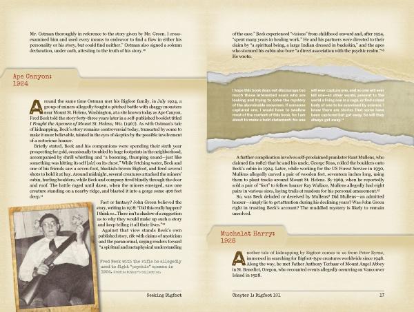 A page from "Seeking Bigfoot" by Schiffer Publishing, Ltd. shows a man holding a guitar, possibly a cryptozoologist sharing stories of Bigfoot encounters.