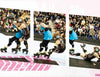 A sequence of three photos from Schiffer Publishing, Ltd.’s "No Mercy" captures intense roller derby action: a blue-clad skater stays upright while a brown-clad opponent falls, all under the scrutiny of the crowd.