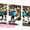 A sequence of three photos from Schiffer Publishing, Ltd.’s "No Mercy" captures intense roller derby action: a blue-clad skater stays upright while a brown-clad opponent falls, all under the scrutiny of the crowd.