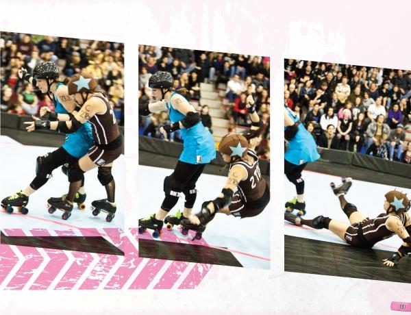 A sequence of three photos from Schiffer Publishing, Ltd.’s "No Mercy" captures intense roller derby action: a blue-clad skater stays upright while a brown-clad opponent falls, all under the scrutiny of the crowd.
