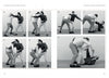 A sequence of seven black-and-white photos from "Dagger Fighting" by Schiffer Publishing, Ltd. depicts two men demonstrating medieval combat, from standing dagger fencing to one man pinning and disarming the other on the ground.