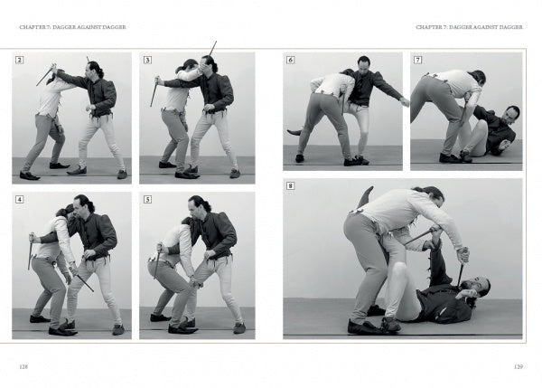 A sequence of seven black-and-white photos from "Dagger Fighting" by Schiffer Publishing, Ltd. depicts two men demonstrating medieval combat, from standing dagger fencing to one man pinning and disarming the other on the ground.