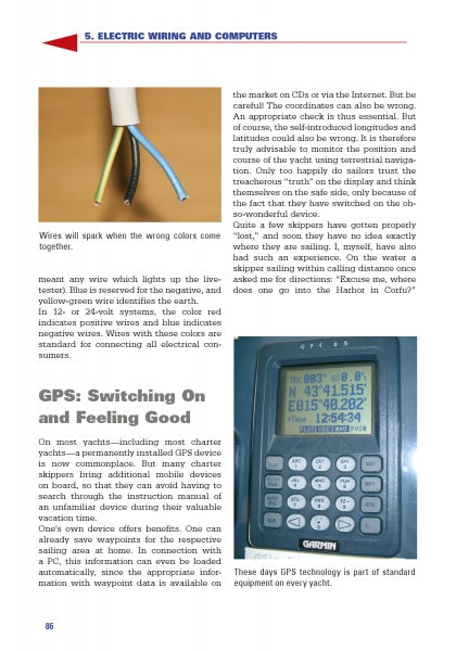 A close-up of exposed wires and a GPS display, with text highlighting boating safety tips and the role of on-board tech for navigation in yachts, as featured in "Sail and Motor Boats" by Schiffer Publishing, Ltd.
