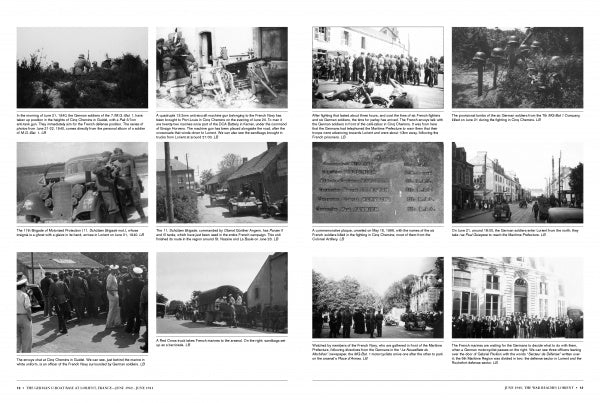 The German U-Boat Base at Lorient, France, Vol.1 by Schiffer Publishing, Ltd. features black-and-white WWII photos with captions, including German navy U-boats at Lorient, vehicles, soldiers, and civilians in urban and rural scenes.