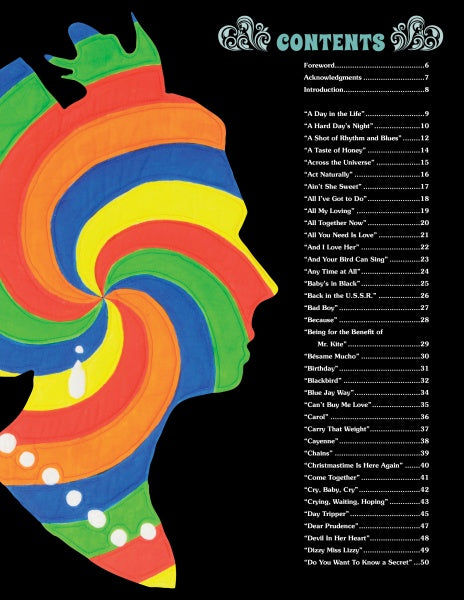 The left side features a colorful, abstract head silhouette with swirling rainbow patterns, echoing Beatles art quilts. On the right, "Inspired by the Beatles" by Schiffer Publishing, Ltd. displays song titles in white on black.
