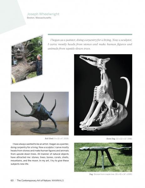 A magazine page spotlights Joseph Wheelwright’s animal sculptures—like a bust in a tree and long-legged dog—highlighted in Schiffer Publishing, Ltd.’s book *The Contemporary Art of Nature*, which explores his nature-inspired art.