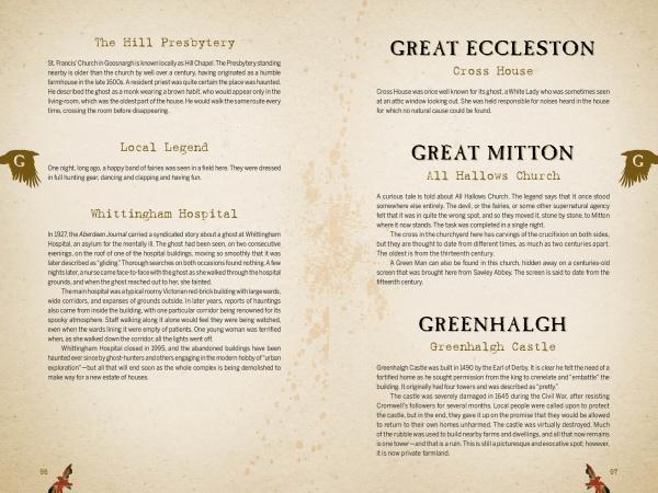 Lancashire Folk by Schiffer Publishing, Ltd. is a beige informational display detailing historical sites and ghost stories—such as The Hill Presbytery, Great Eccleston, Great Mitton, Whittingham Hospital, and Greenhalgh Castle—with gold flourishes.