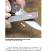 A close-up from Schiffer Publishing, Ltd.'s “Knife Sharpening Made Easy” shows a person honing a curved blade with a diamond file at an angle, with white arrows highlighting the correct file movement for effective sharpening.