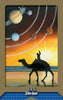 A person riding a camel along a beach at sunset raises an arm as planets and orbital lines glow above. The bright sun gleams on the horizon in this striking card, XIX The Sun, from the Tarot of the Moors by Schiffer Publishing, Ltd.