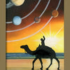 A person riding a camel along a beach at sunset raises an arm as planets and orbital lines glow above. The bright sun gleams on the horizon in this striking card, XIX The Sun, from the Tarot of the Moors by Schiffer Publishing, Ltd.