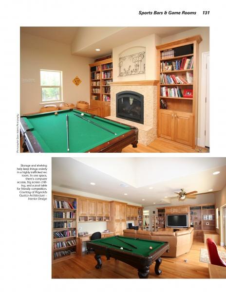 Entertainment Rooms by Schiffer Publishing, Ltd. features a home game room with a pool table, built-in bookshelves, a stone fireplace, cozy lighting, a ceiling fan, comfy seating, and easy access to a stylish home bar.