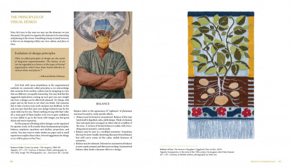 A spread from "Tapestry Design Basics and Beyond" by Schiffer Publishing, Ltd. shows a nurse in scrubs and mask on the left, and a tapestry-inspired textile with a tree and flowers on the right, with text on visual design and balance.
