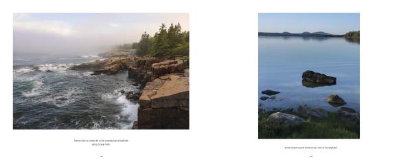“Embracing Light” by Schiffer Publishing, Ltd. features two landscapes: a misty, pine-lined rocky coast reminiscent of Acadia National Park, and a serene, rock-strewn lake with reflective water beneath a clear sky.