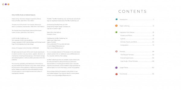 A two-page spread from Painting with Paper by Schiffer Publishing, Ltd.; the left page lists credits in small type, and the right features a sectioned table of contents. The clean design and wide margins recall Yulia Brodskaya’s elegant paper art.