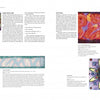 A two-page spread from Schiffer Publishing, Ltd.'s "The Fine Art of Painting on Silk" showcases four vibrant abstract and floral silk paintings, each with captions and text explaining silk painting methods and the unique effects of silk dye.