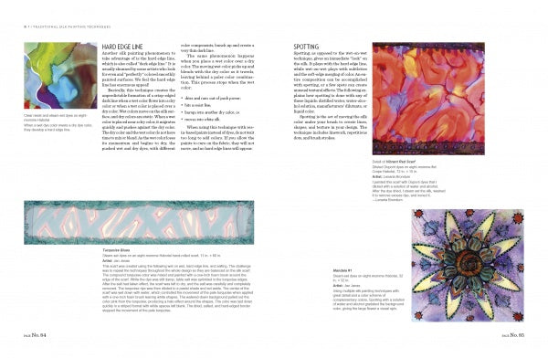 A two-page spread from Schiffer Publishing, Ltd.'s "The Fine Art of Painting on Silk" showcases four vibrant abstract and floral silk paintings, each with captions and text explaining silk painting methods and the unique effects of silk dye.