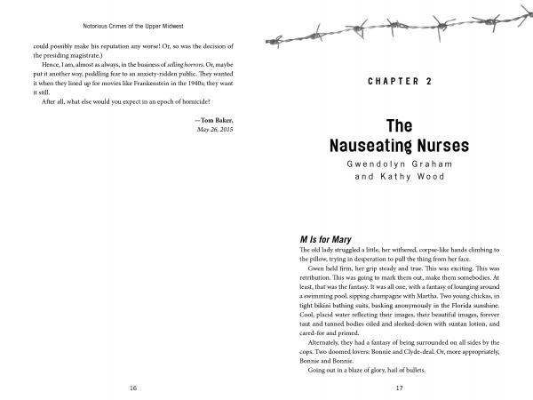 An open book from Schiffer Publishing, Ltd.'s “Notorious Crimes of the Upper Midwest” reveals Chapter 2, “The Nauseating Nurses” by Gwendolyn Graham and Kathy Wood. The chapter starts with “M is for Mary,” detailing infamous Midwest criminals.