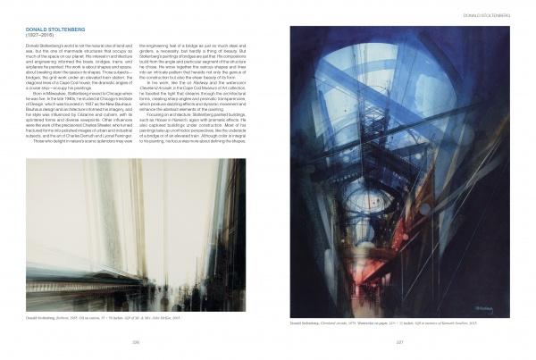Two pages from "Art From Cape Cod" by Schiffer Publishing, Ltd. Left: text on Donald Stoltenberg above a blurred cityscape. Right: an abstract blue-toned architectural painting with light streaming through a glass ceiling.