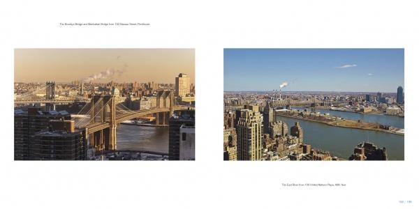 Vista Manhattan by Schiffer Publishing, Ltd. features two aerial New York City views: one with the Brooklyn and Manhattan Bridges over the East River, and the other showcasing city buildings and Manhattan residences beneath a clear sky.