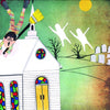 A cartoon boy hangs upside down from a broom on a church steeple as white ghosts drift by gravestones and barren trees under a yellow sun. "Halloween Sleepwalker" by Schiffer Publishing, Ltd. is perfect for children's Halloween stories about fears.