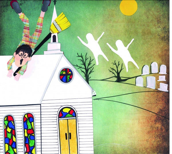 A cartoon boy hangs upside down from a broom on a church steeple as white ghosts drift by gravestones and barren trees under a yellow sun. "Halloween Sleepwalker" by Schiffer Publishing, Ltd. is perfect for children's Halloween stories about fears.