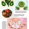 A page from "The Art of Juliana Jewelry" by Schiffer Publishing, Ltd. features vintage DeLizza and Elster brooches, earrings, and necklaces in green, red, and pink gemstones, each displayed on a light background with descriptive text.