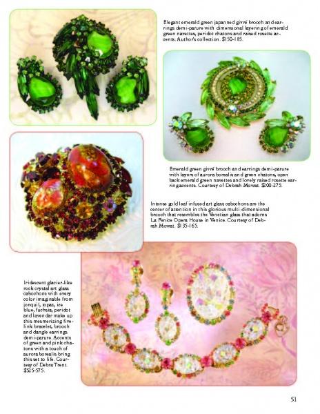A page from "The Art of Juliana Jewelry" by Schiffer Publishing, Ltd. features vintage DeLizza and Elster brooches, earrings, and necklaces in green, red, and pink gemstones, each displayed on a light background with descriptive text.