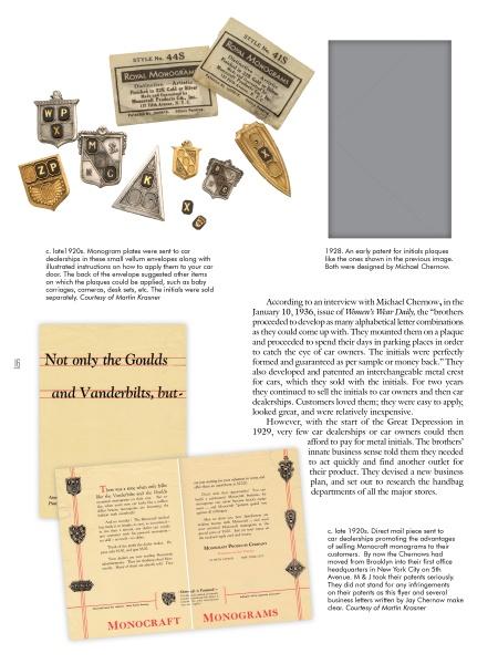 A collage featuring Monet jewelry monogram plates, a trinket plaque illustration, a yellowed catalog page for Monet monograms, and typewritten text on the history of monogrammed accessories from Schiffer Publishing, Ltd.