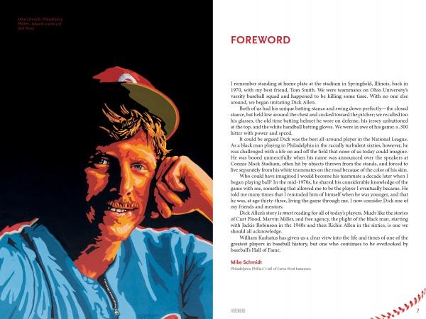 The left page of "Dick Allen, The Life and Times of a Baseball Immortal" by Schiffer Publishing, Ltd. features a painted portrait of a Phillies player in a blue jersey and red cap; the right page shows the Foreword in black text on white.