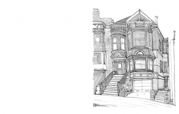 Victorian Buildings of San Francisco" by Schiffer Publishing, Ltd. features detailed ink drawings of classic San Francisco Victorian houses, ideal for adult coloring books.