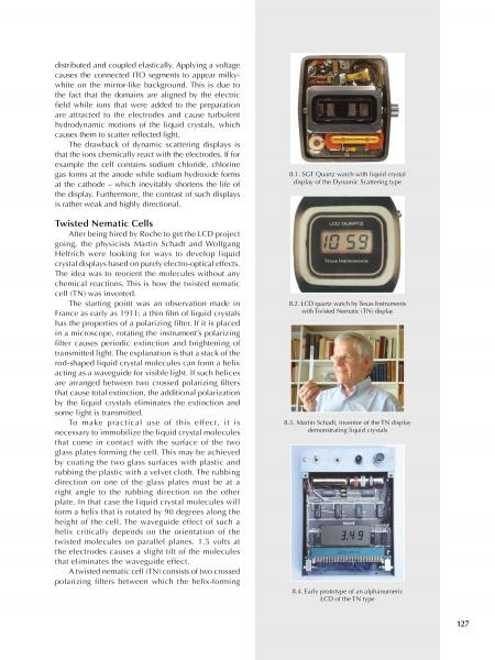 A page from "Electrifying the Wristwatch" by Schiffer Publishing, Ltd. displays text on LCDs and four images showing early LCD tech, with close-ups of quartz watches and digital displays, each image featuring a brief caption.