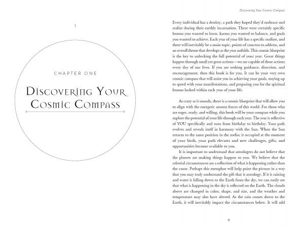 Book page from "Your Cosmic Compass" by Schiffer Publishing, Ltd., featuring "Chapter One: Discovering Your Cosmic Compass" in a circular design on the left and text on the right about destiny, life’s paths, and your cosmic calendar’s influence.