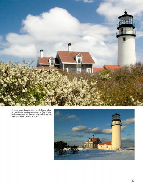 Cape Cod Lighthouses and Lightships by Schiffer Publishing, Ltd. features two photos: one shows a lighthouse and house behind blooming bushes under a blue sky, the other captures the same scene in winter with snow—a delight for lighthouse fans.