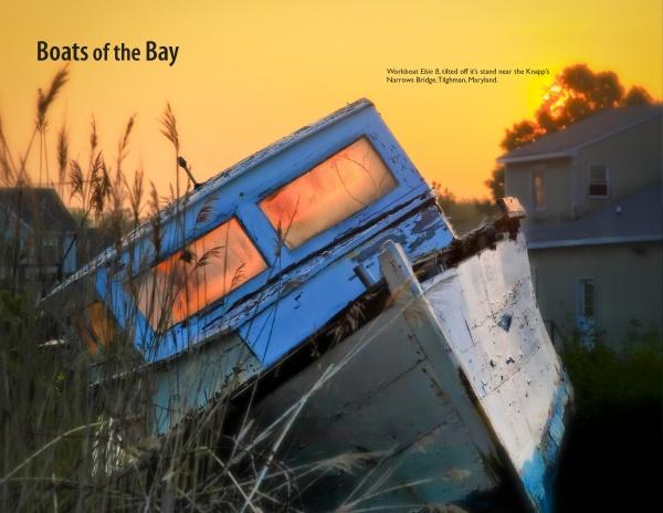 A weathered blue and white boat sits in tall grass at sunset, warm light shining through its windows. Houses rest under a golden sky. "Chesapeake Views" by Schiffer Publishing, Ltd. features Chesapeake Bay photography by John Werry.