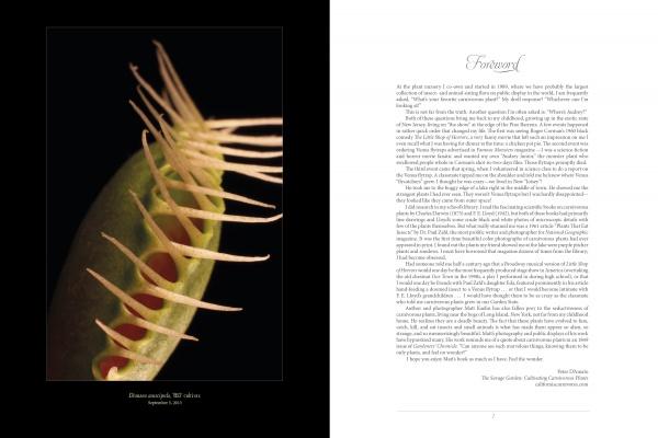 A close-up of a Venus flytrap’s spiky leaves appears on the left page of The Sinister Beauty of Carnivorous Plants by Schiffer Publishing, Ltd.; the right page features a dense foreword in serif text, starting with a large decorative "F.