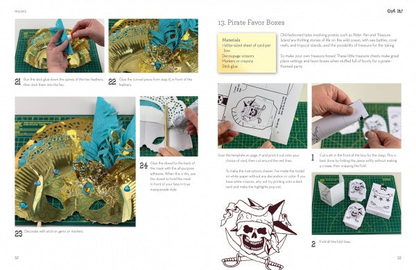 Cut It! by Schiffer Publishing, Ltd. features step-by-step guides to create a gold mask with blue feathers and pirate-themed favor boxes, offering kids inspiring paper art projects with clear instructions and vivid illustrations.