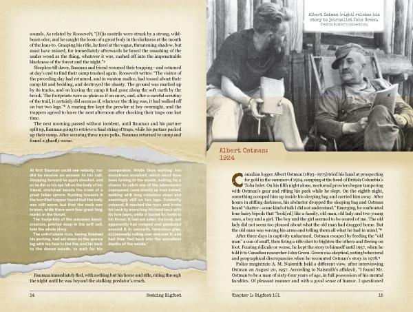 A page from "Seeking Bigfoot" by Schiffer Publishing, Ltd. shows a man discussing recent Bigfoot sightings with another man.
