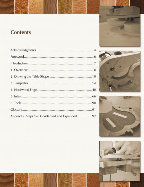 The table of contents features a wood border and sepia photos highlighting woodworking techniques from "Hardwood Edging and Inlay for Curved Tables" by Schiffer Publishing, Ltd., a reference for shaping, assembling, and sanding hardwood edges.