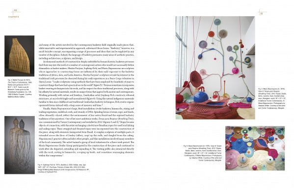 Two pages from "Rooted, Revived, Reinvented" by Schiffer Publishing, Ltd. show contemporary fiber art—fine art basketry, vibrant yarn wall pieces, and abstract textiles—with artists and titles listed next to each image.