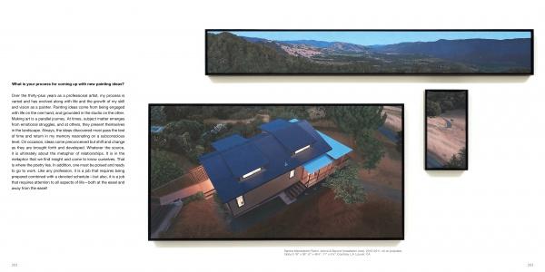 A magazine spread from Schiffer Publishing, Ltd.'s "Behind the Easel" displays three art book-style aerial photographs: a vast valley, a modern dusk-lit home amid trees, and a narrow rural road—evoking contemporary representational artists.
