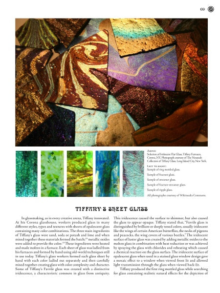 A vibrant collage of stained glass in Tiffany Studios' Techniques by Schiffer Publishing, Ltd. overlaps with swirling patterns. Six close-ups showcase diverse colors and textures. Informational text about Tiffany sheet glass is displayed below.