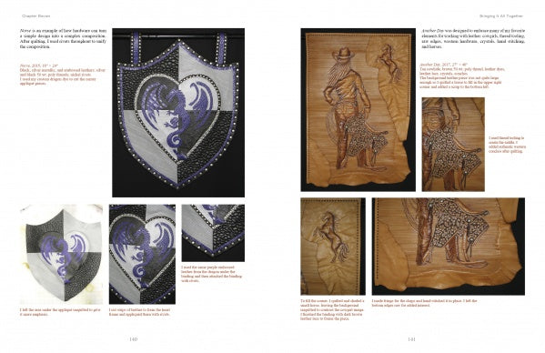 A book spread from "Quilted Leather" by Schiffer Publishing, Ltd. showcases a beaded dragon shield on the left and carved cowboy-and-horse leather art on the right, plus step-by-step sewing machine technique instructions.
